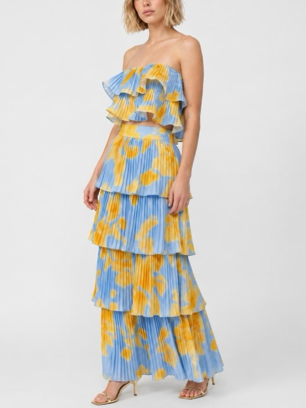 L’idee Tiered Pleated Maxi Skirt Ruffle Top Set in Sz L US 8 UK 12 NEW
